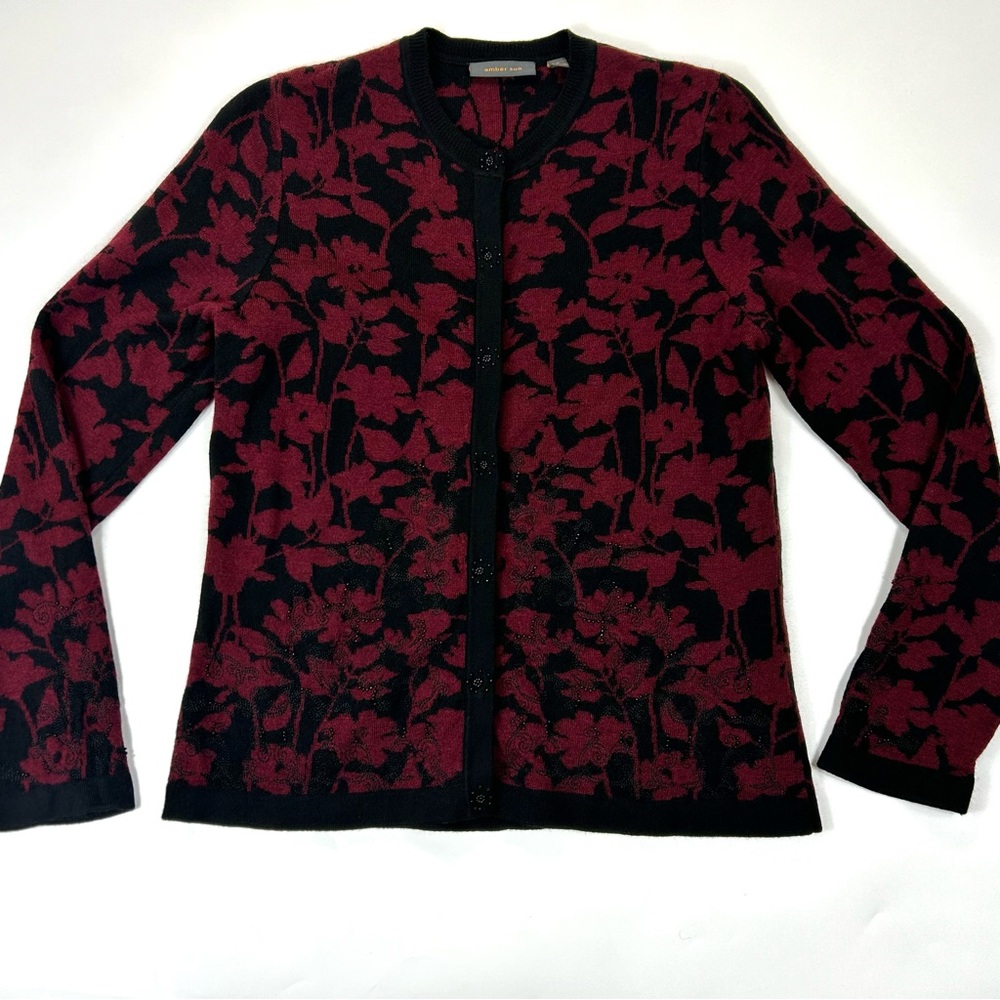 Amber Sun Womens Small Dark Coquette Floral Beaded Merino Wool Cardigan Sweater